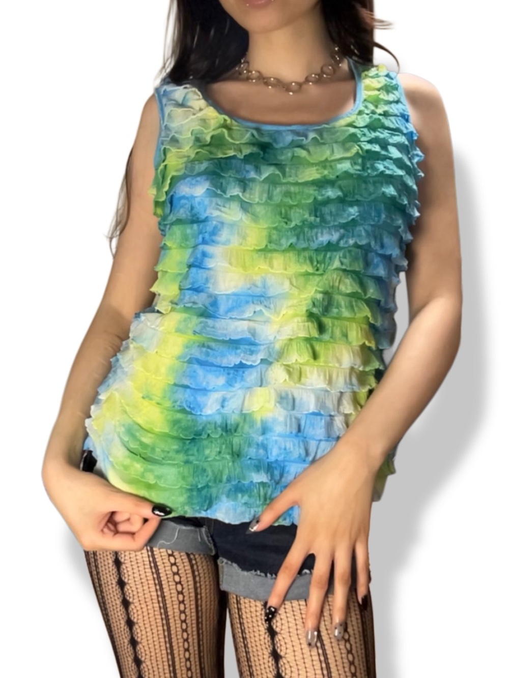 Y2K Tribal Ruffled Tie-Dye Tank in Blue, Green & Yellow